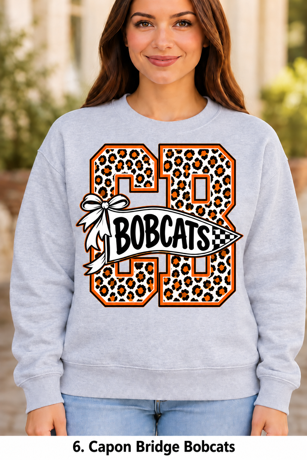 Capon Bridge Bobcats Cheetah Pennant Bow Sport Gray Crewneck