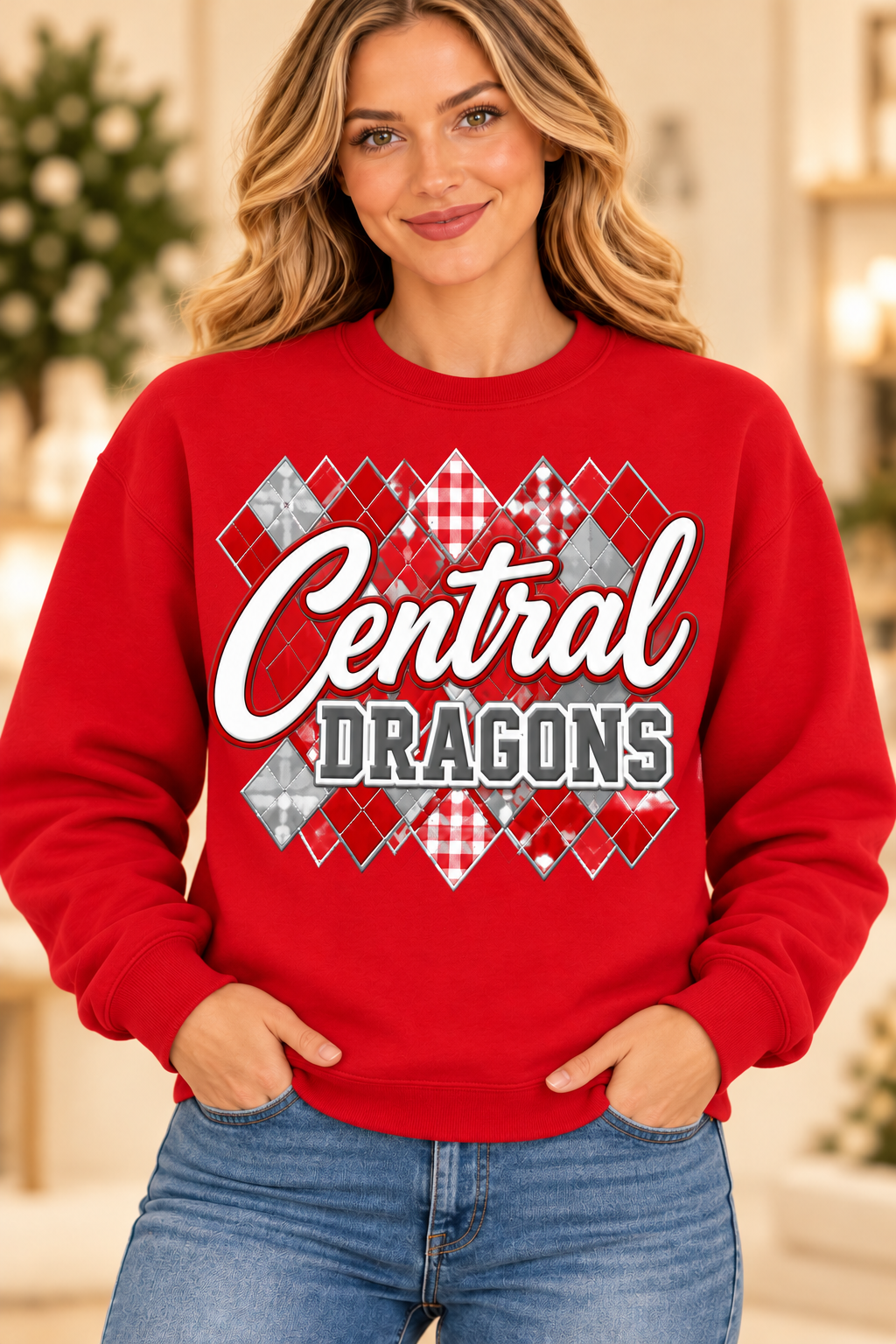 Central Dragons Design 12 Red Crewneck