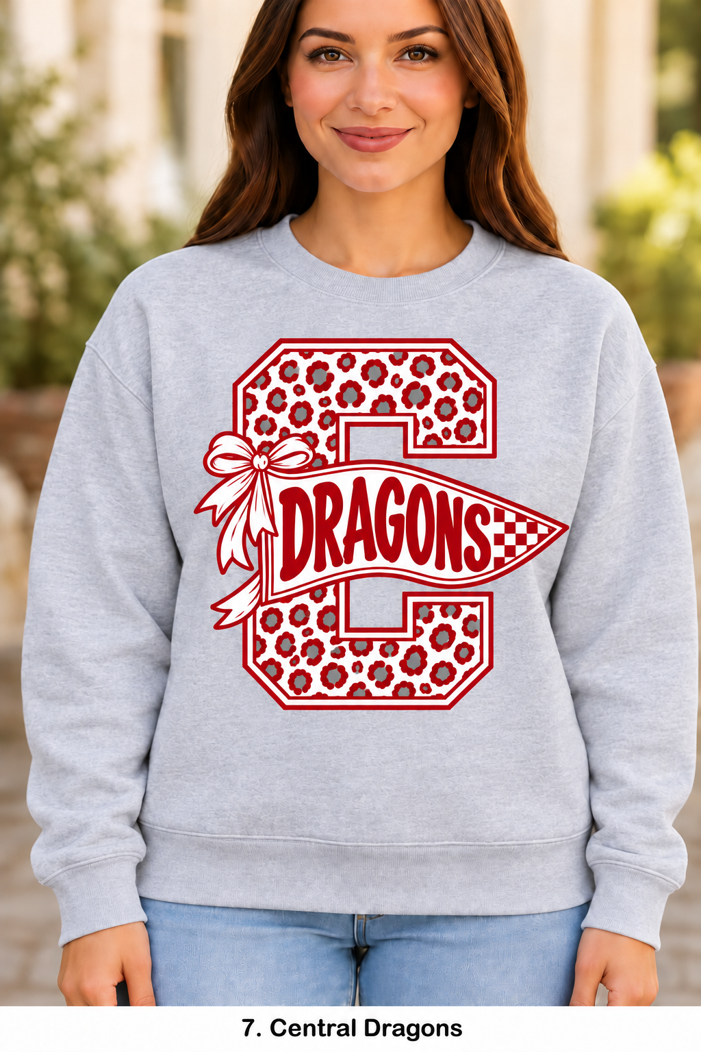 Central Dragons Cheetah Pennant Bow Sport Gray Crewneck