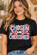 Chosen and Cherished black T-shirt with floral patchwork letters and pink bows