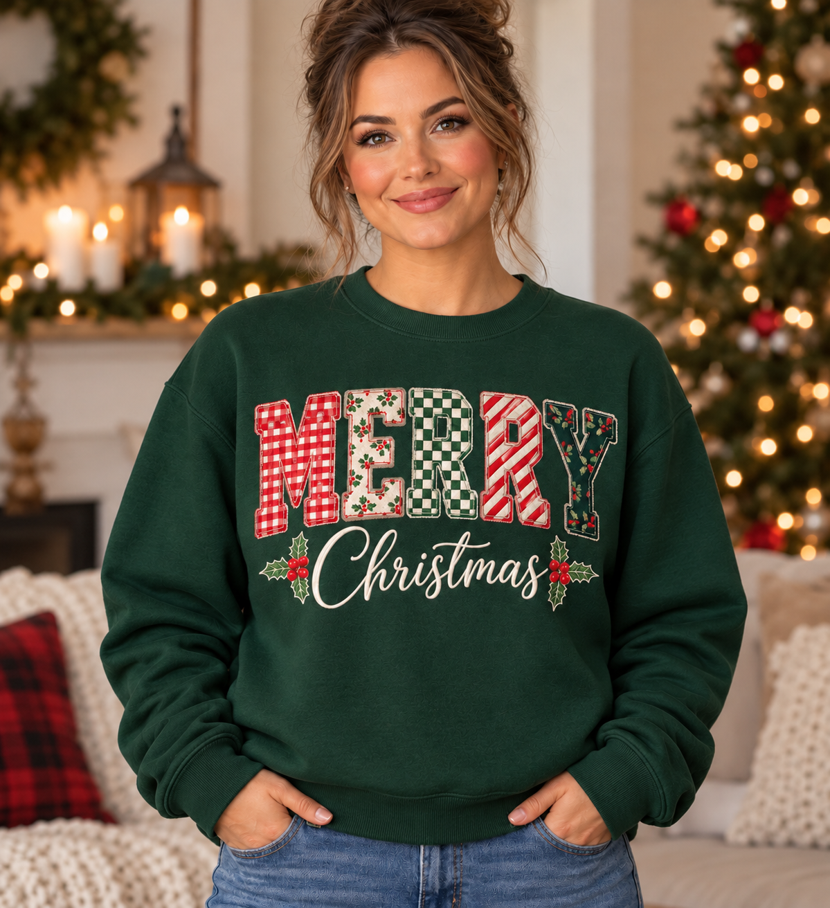 Patchwork Merry Christmas Forest Green Crewneck model mockup