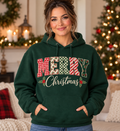 Patchwork Merry Christmas Forest Green Hoodie model mockup