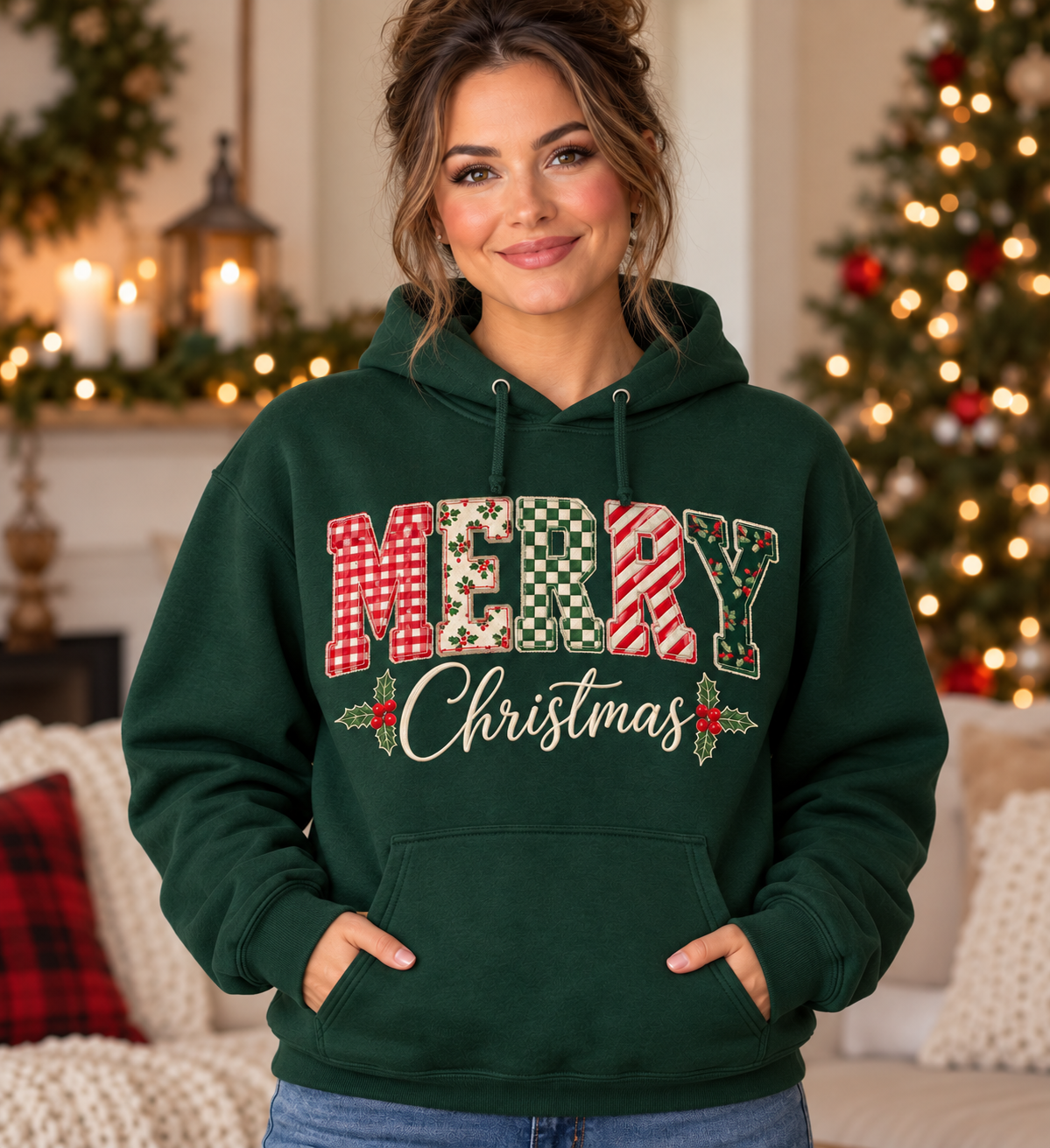 Patchwork Merry Christmas Forest Green Hoodie model mockup