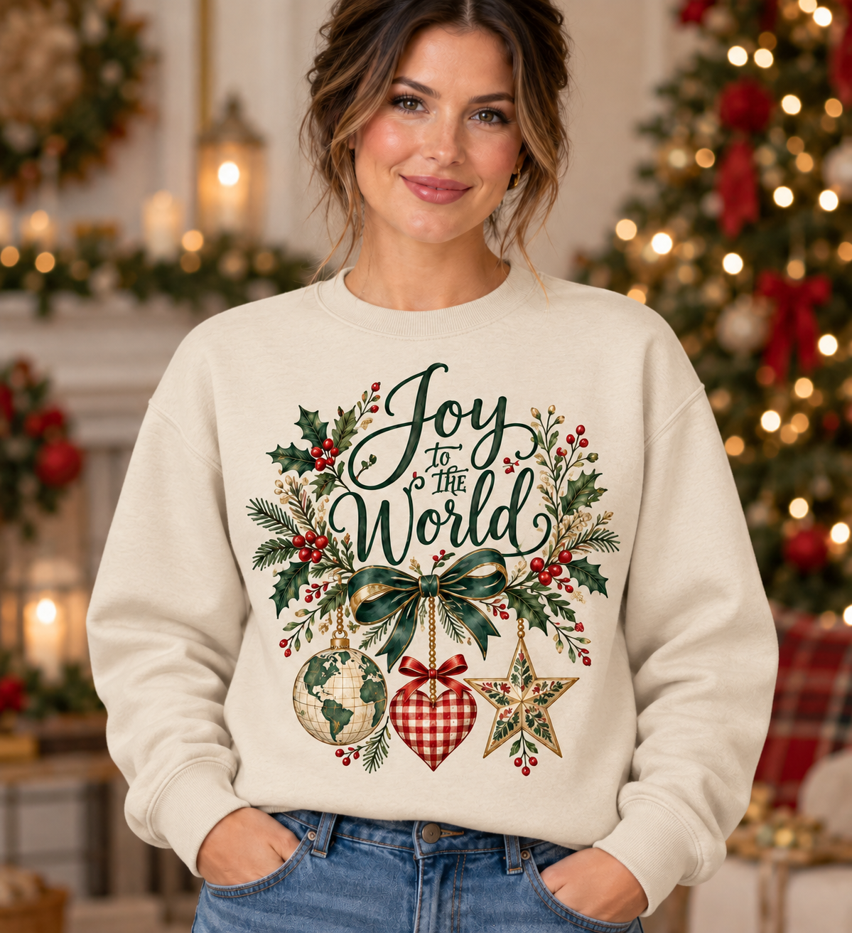 Joy to the World Ornaments Sand Crewneck model mockup