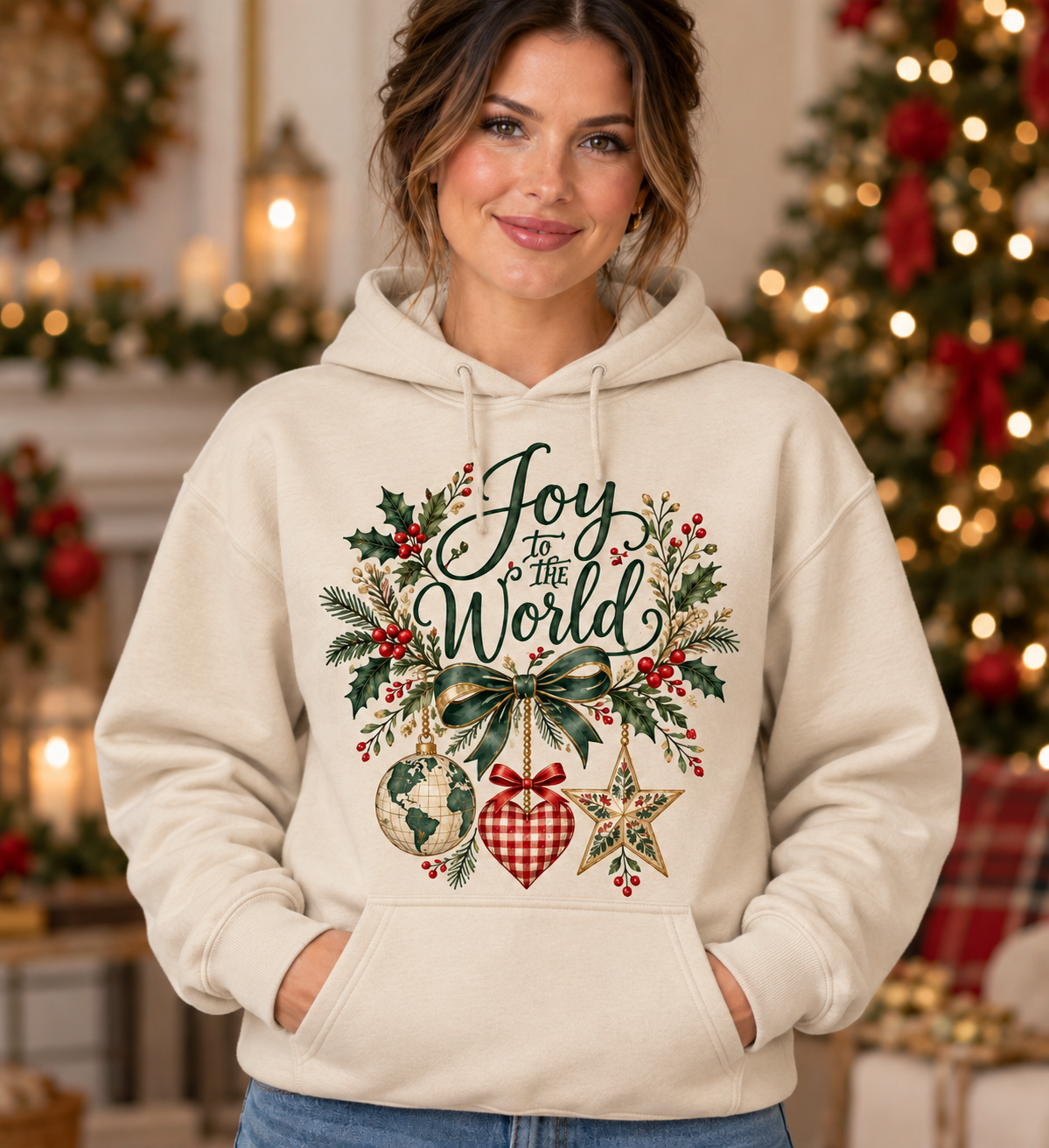 Joy to the World Ornaments Sand Hoodie model mockup