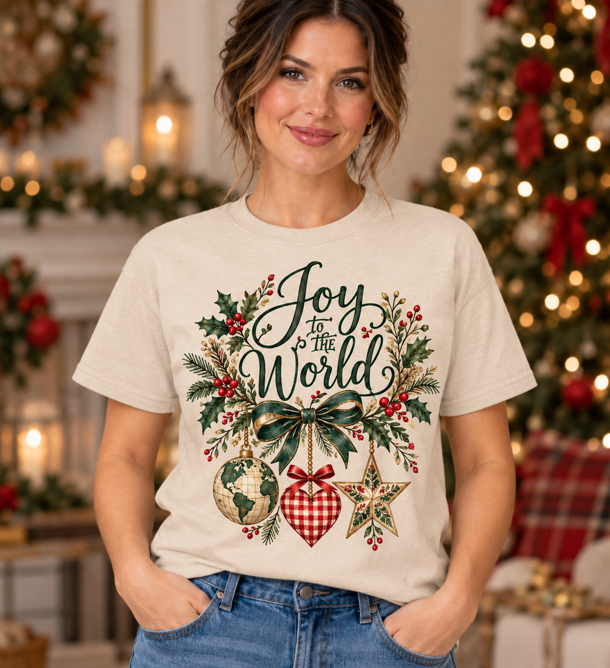 Joy to the World Ornaments Sand T-Shirt model mockup