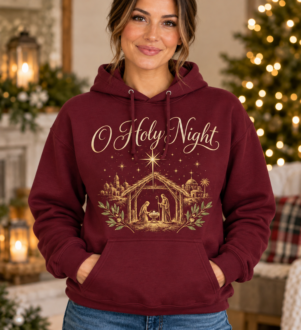 O Holy Night Nativity Maroon Hoodie model mockup