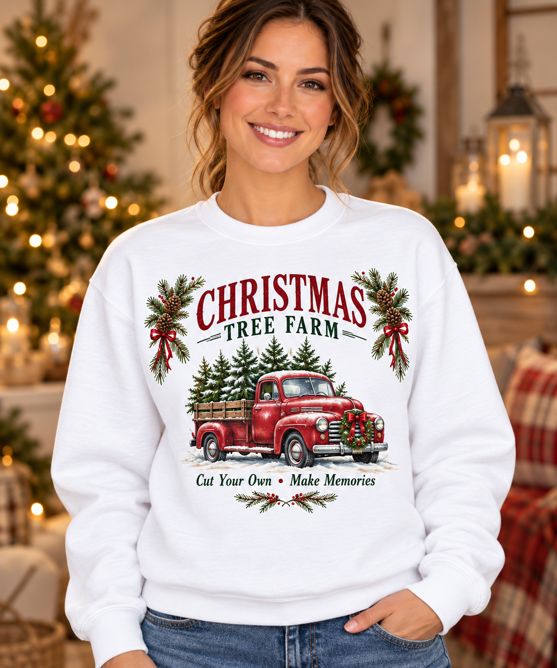 Christmas Tree Farm White Crewneck model mockup