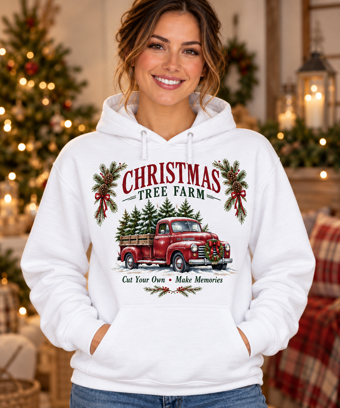 Christmas Tree Farm White Hoodie model mockup