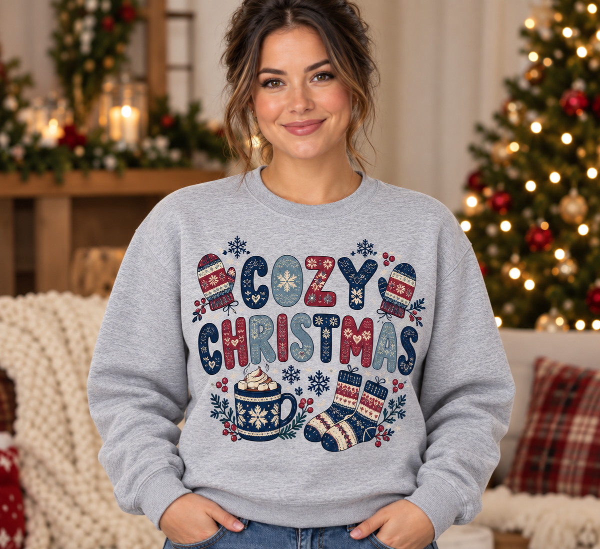 Cozy Christmas Sport Gray Crewneck model mockup