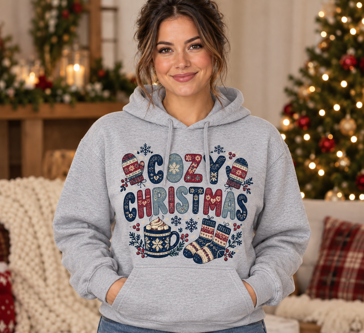 Cozy Christmas Sport Gray Hoodie model mockup