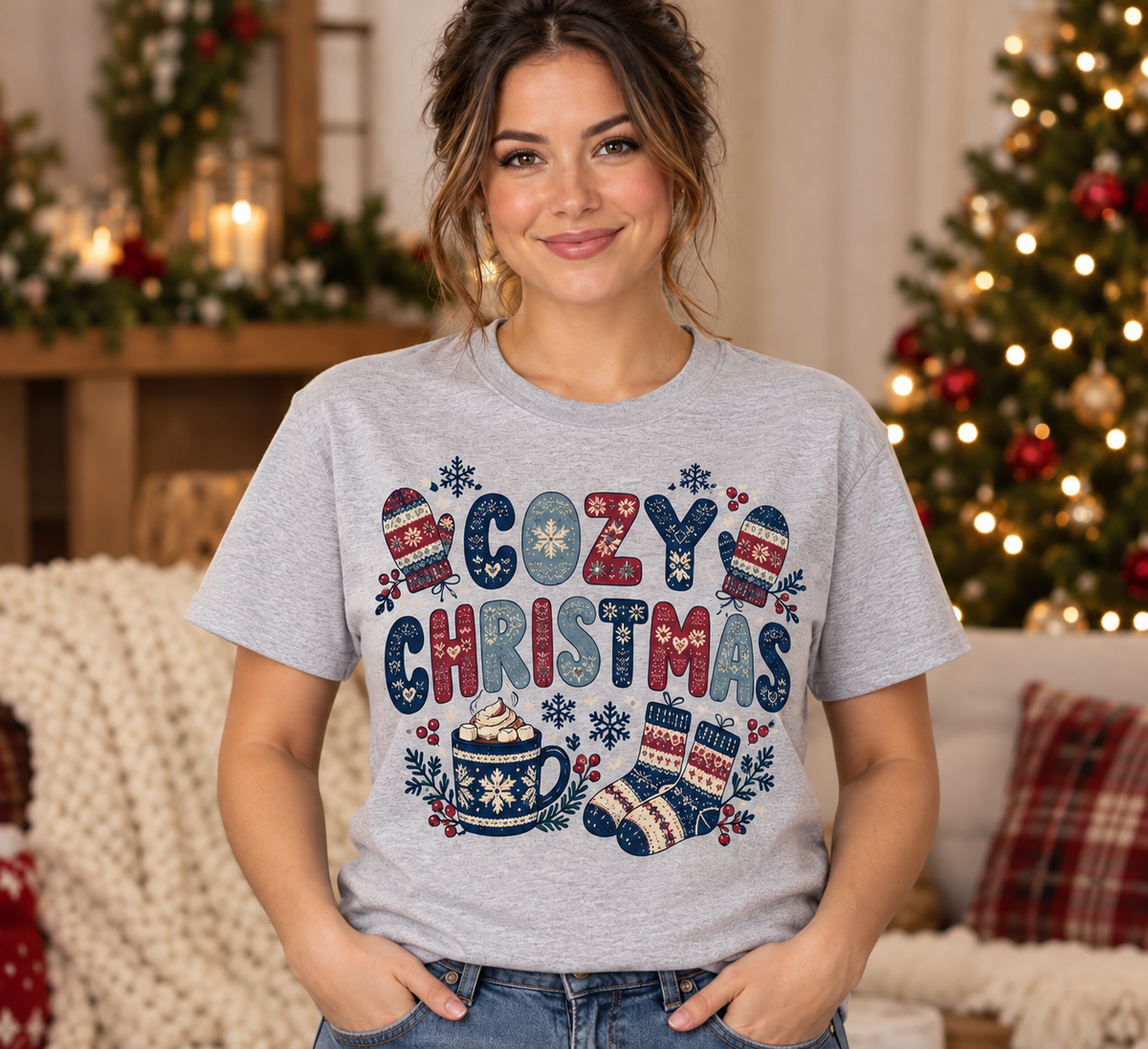 Cozy Christmas Sport Gray T-Shirt model mockup