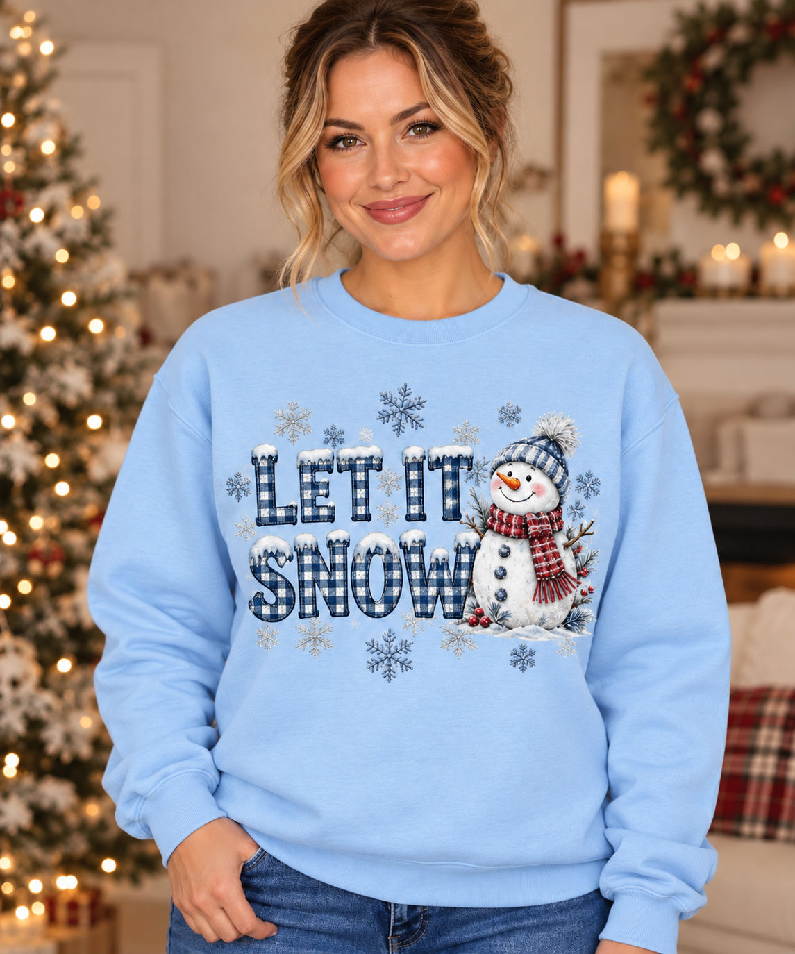 Let It Snow Gingham Snowman Light Blue Crewneck model mockup