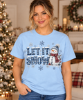 Let It Snow Gingham Snowman Light Blue T-Shirt model mockup