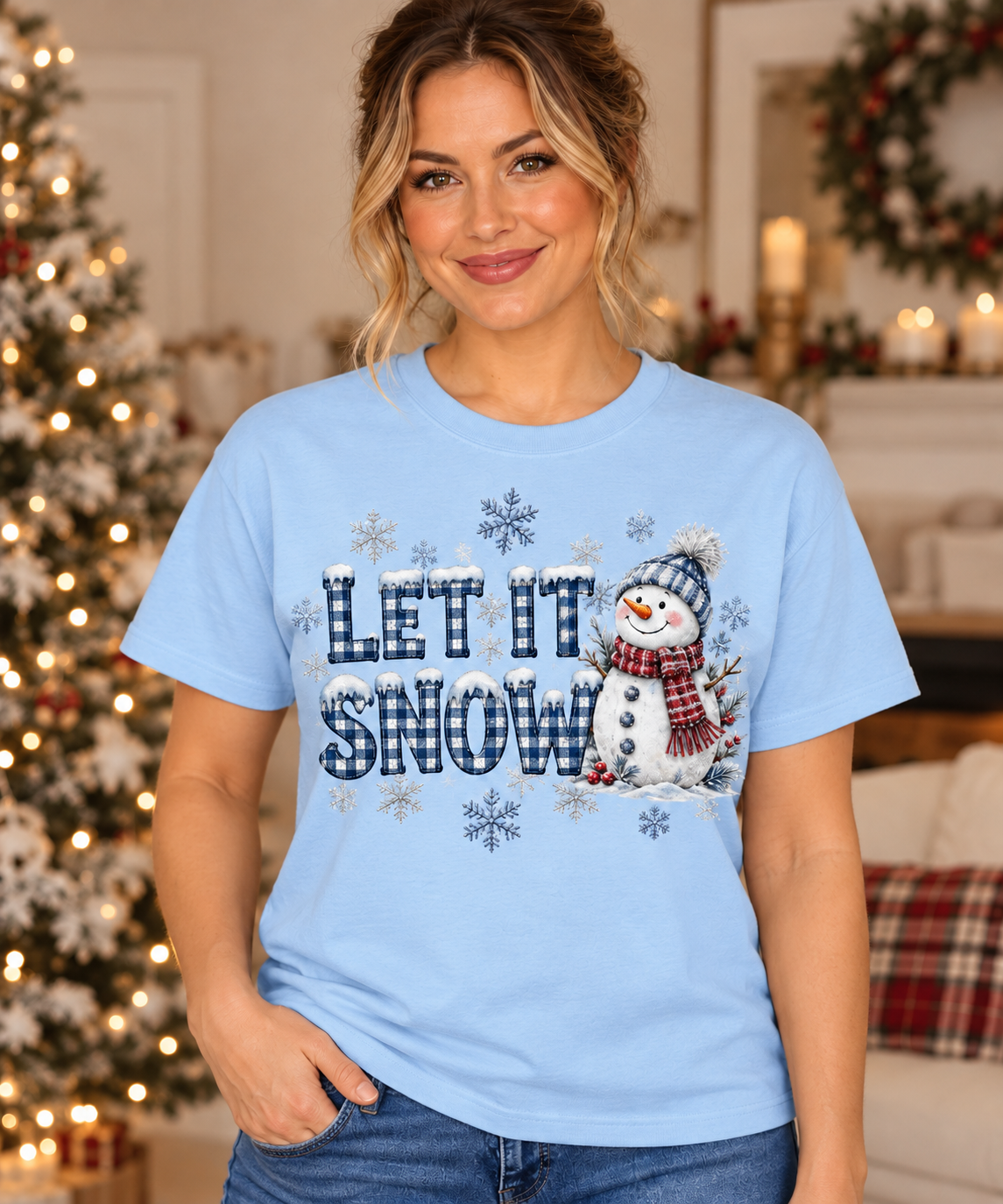 Let It Snow Gingham Snowman Light Blue T-Shirt model mockup