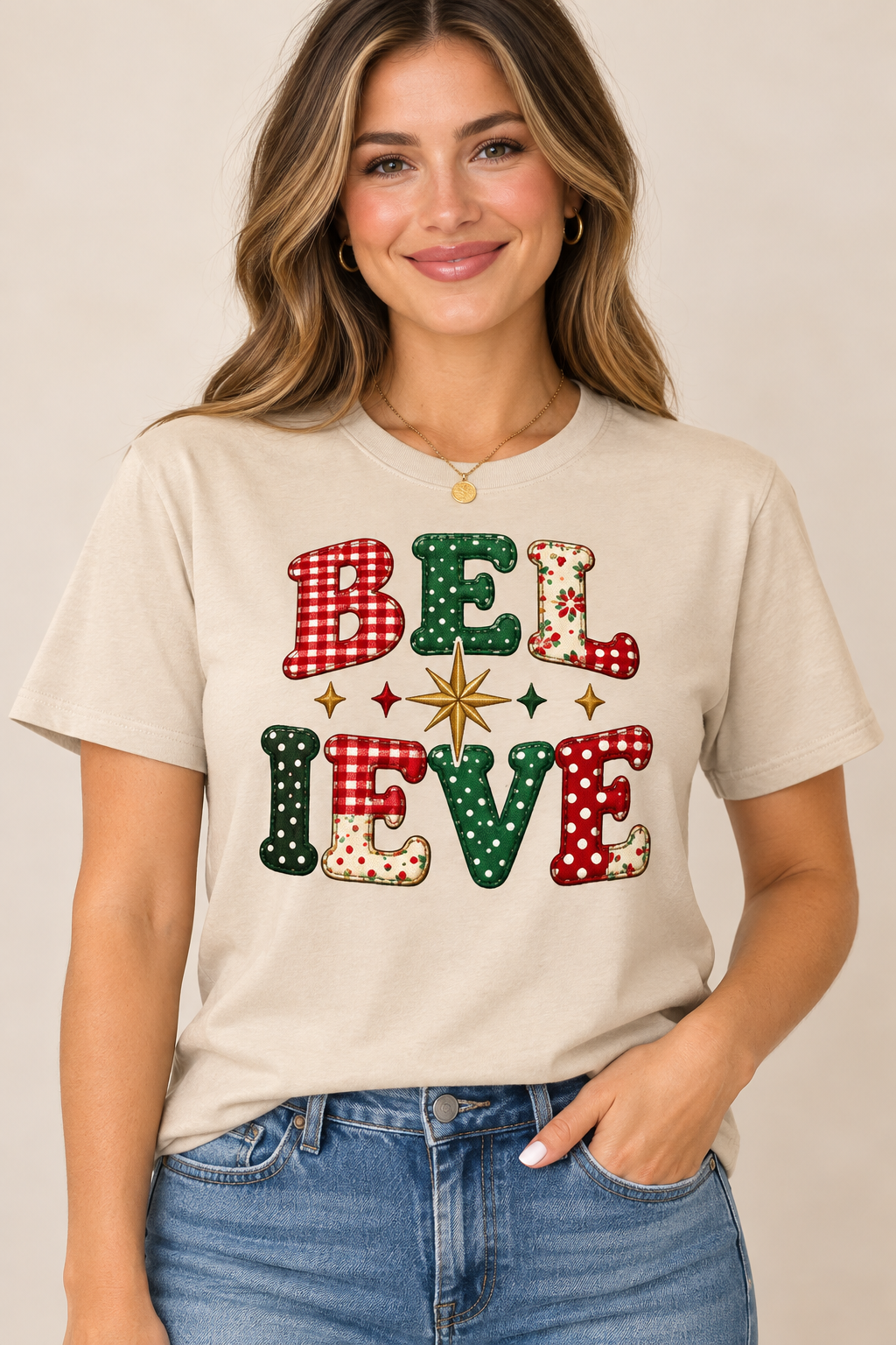 Believe patchwork Christmas sand T-Shirt boutique model mockup