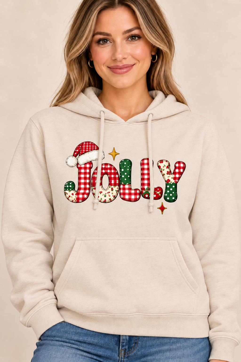 Jolly patchwork Christmas sand Hoodie boutique model mockup