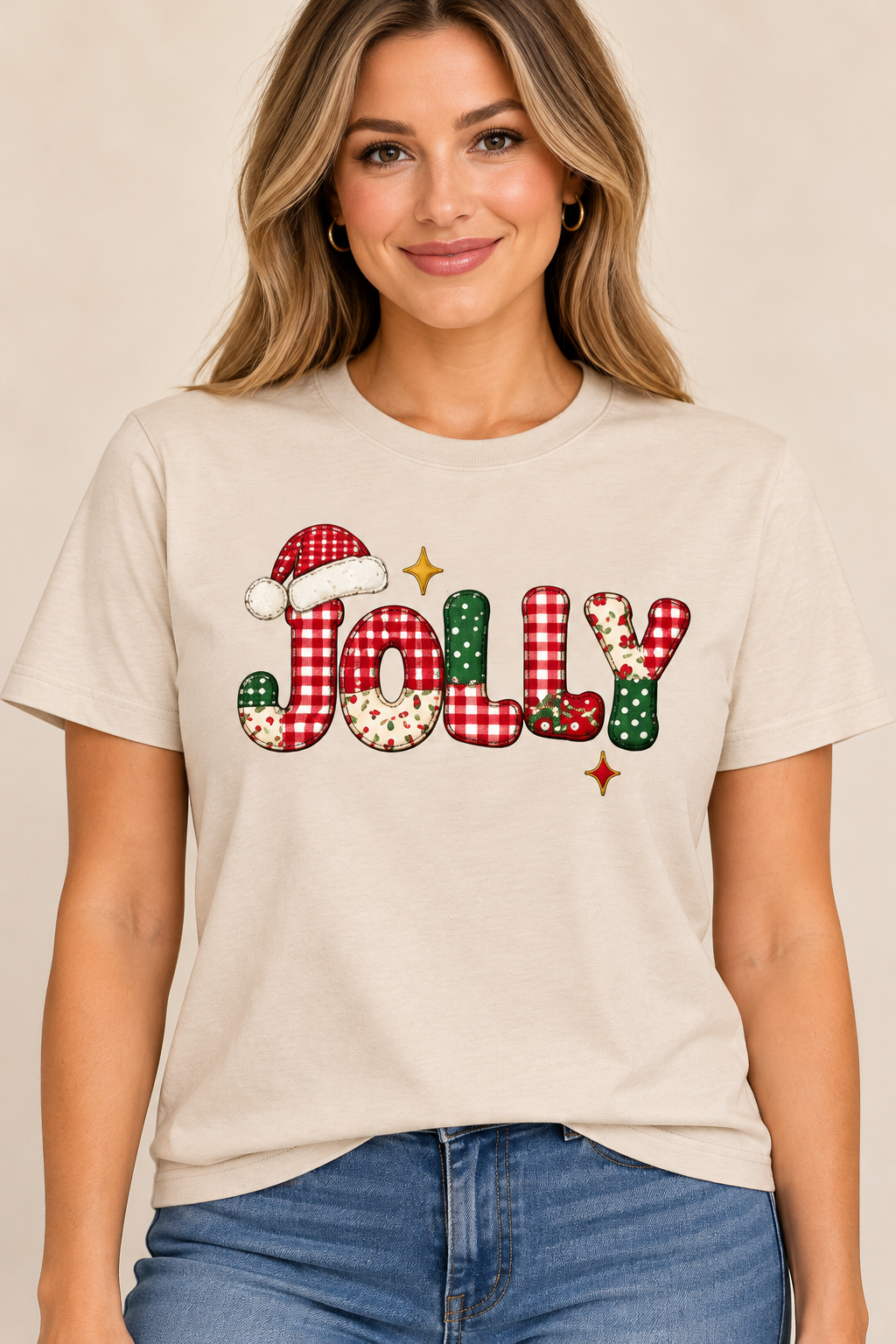 Jolly patchwork Christmas sand T-Shirt boutique model mockup