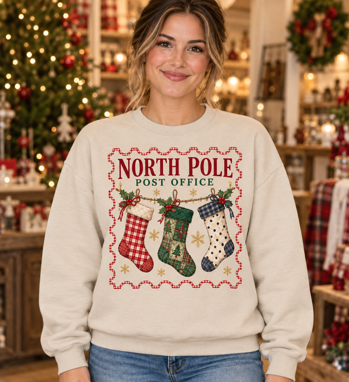 North Pole Post Office Stockings Sand Crewneck model mockup