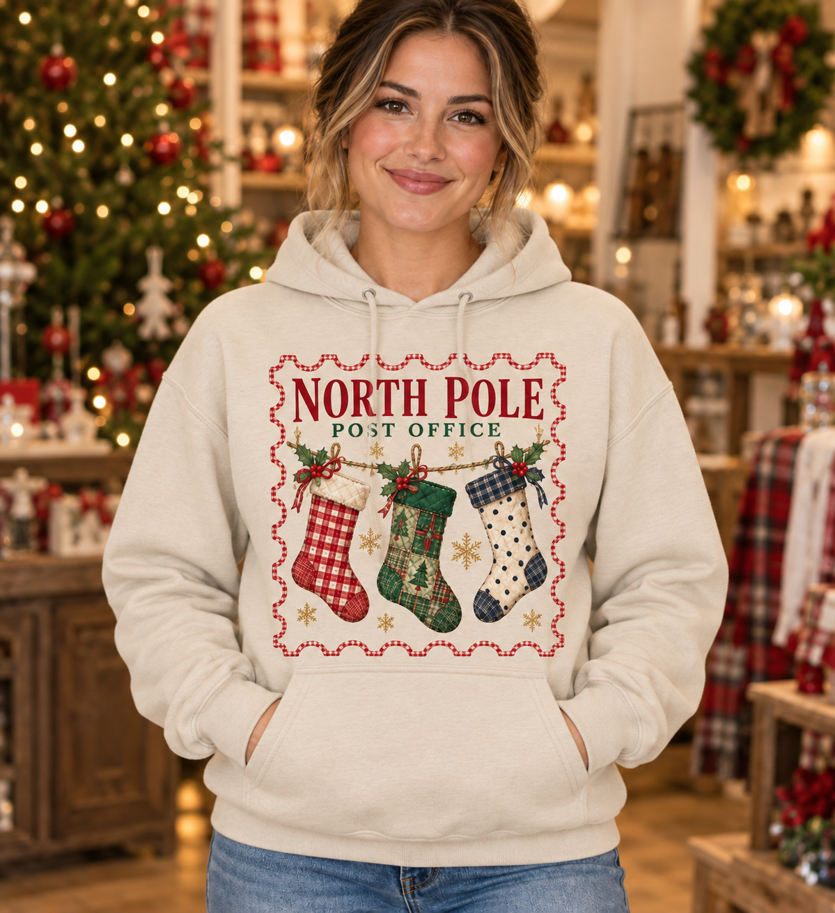 North Pole Post Office Stockings Sand Hoodie model mockup