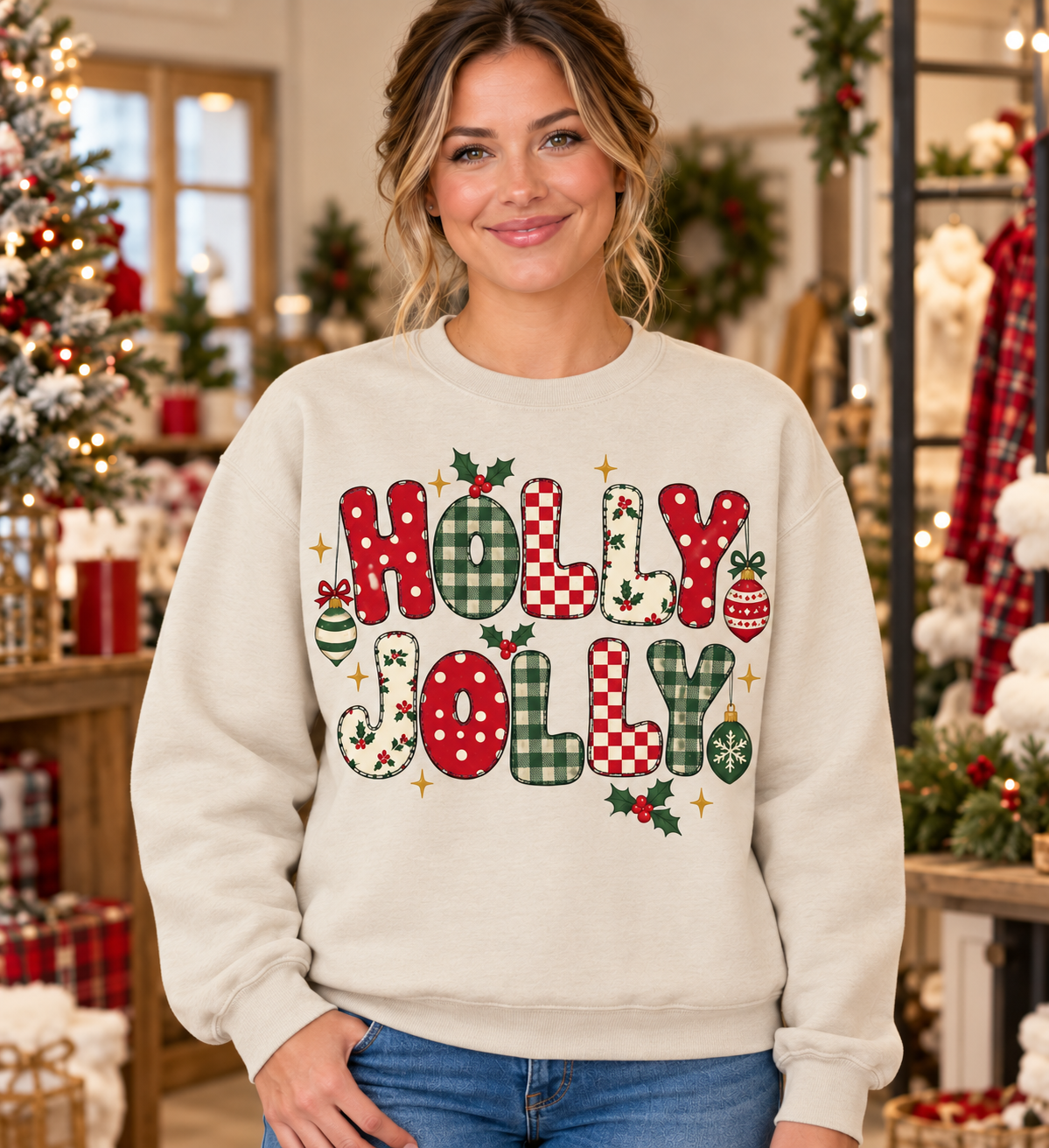 Holly Jolly Patchwork Sand Crewneck model mockup