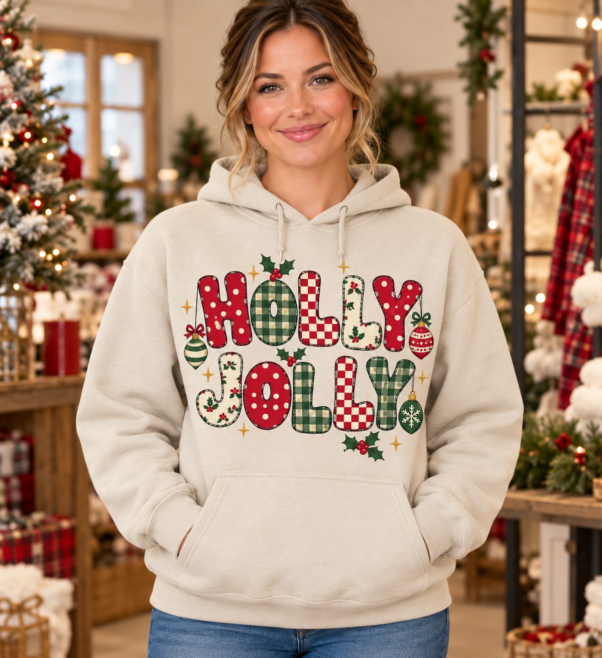 Holly Jolly Patchwork Sand Hoodie model mockup