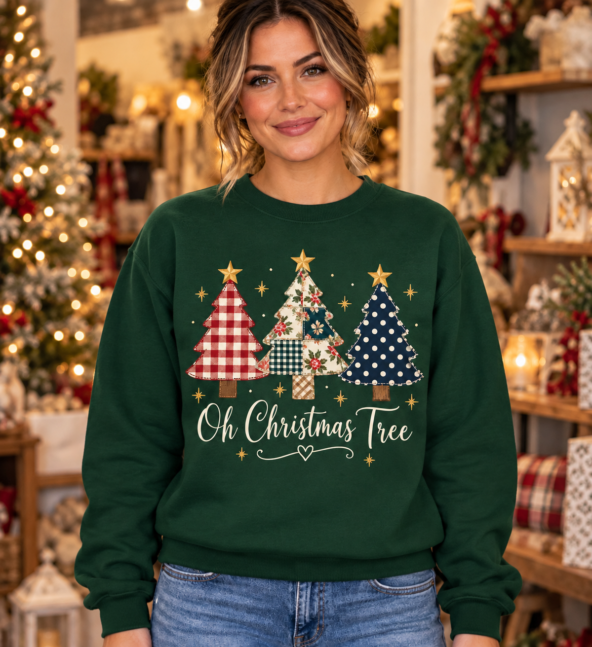 Oh Christmas Tree Pattern Trio Forest Green Crewneck model mockup