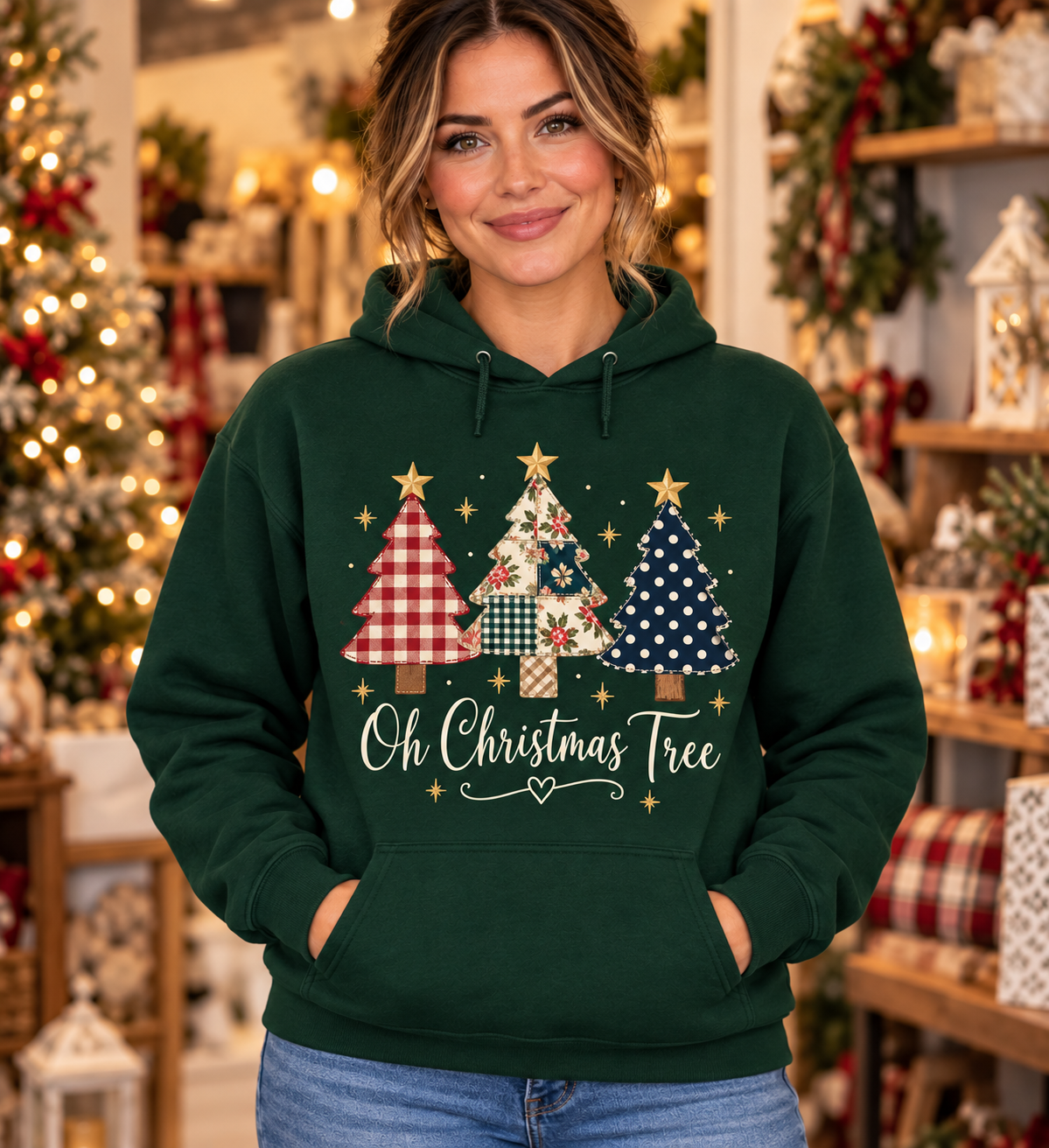 Oh Christmas Tree Pattern Trio Forest Green Hoodie model mockup