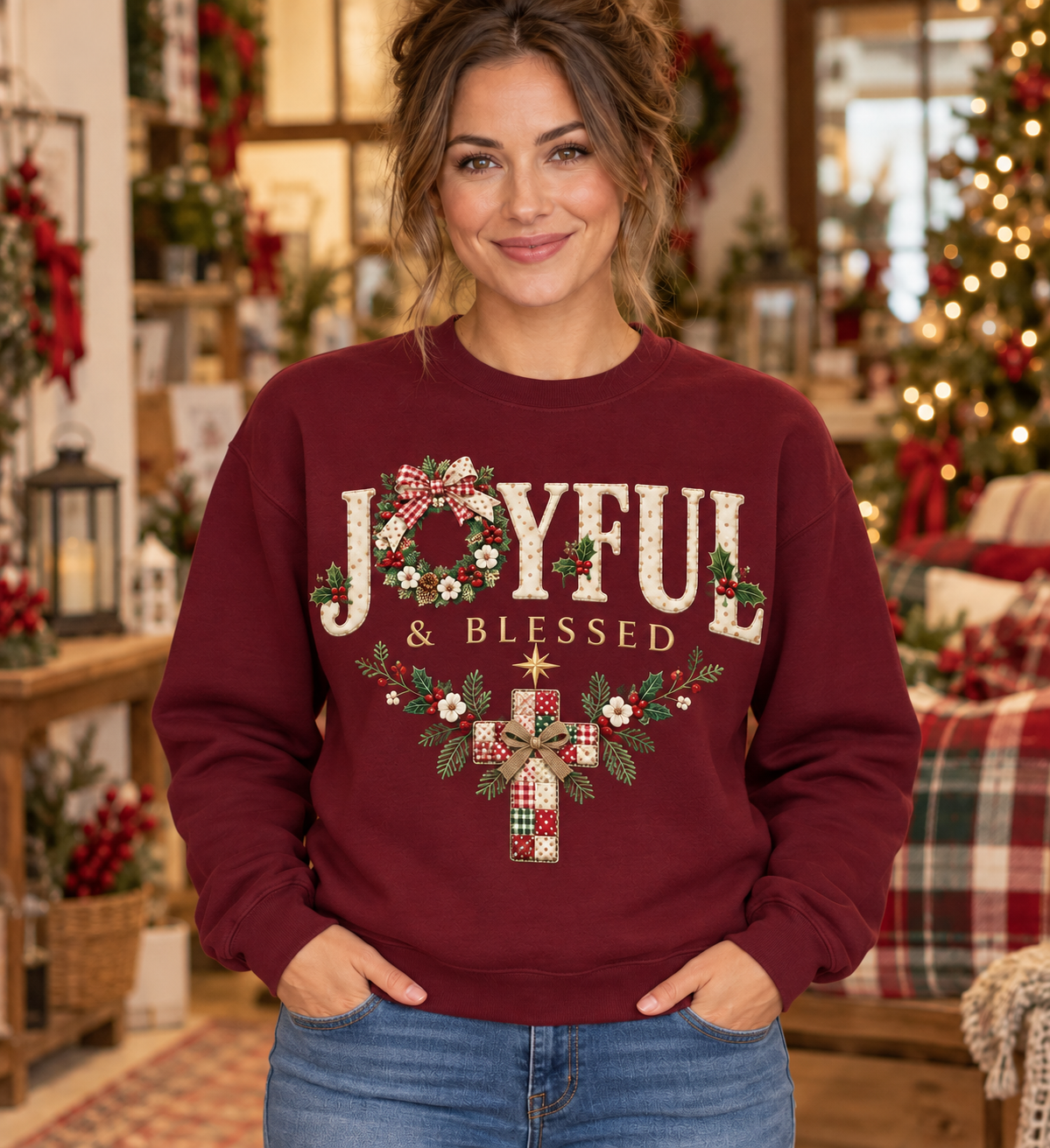Joyful and Blessed Christmas Maroon Crewneck model mockup
