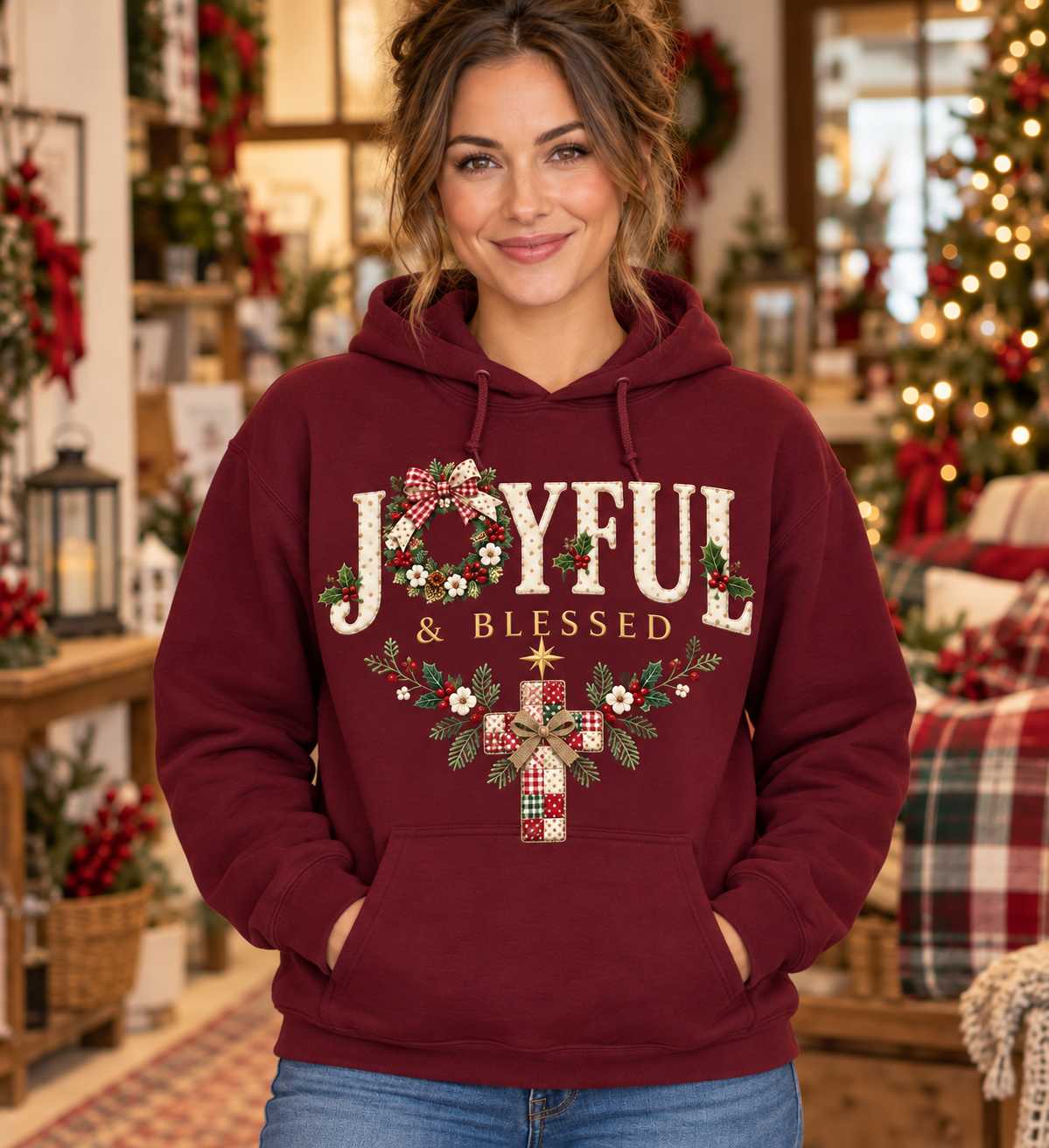 Joyful and Blessed Christmas Maroon Hoodie model mockup