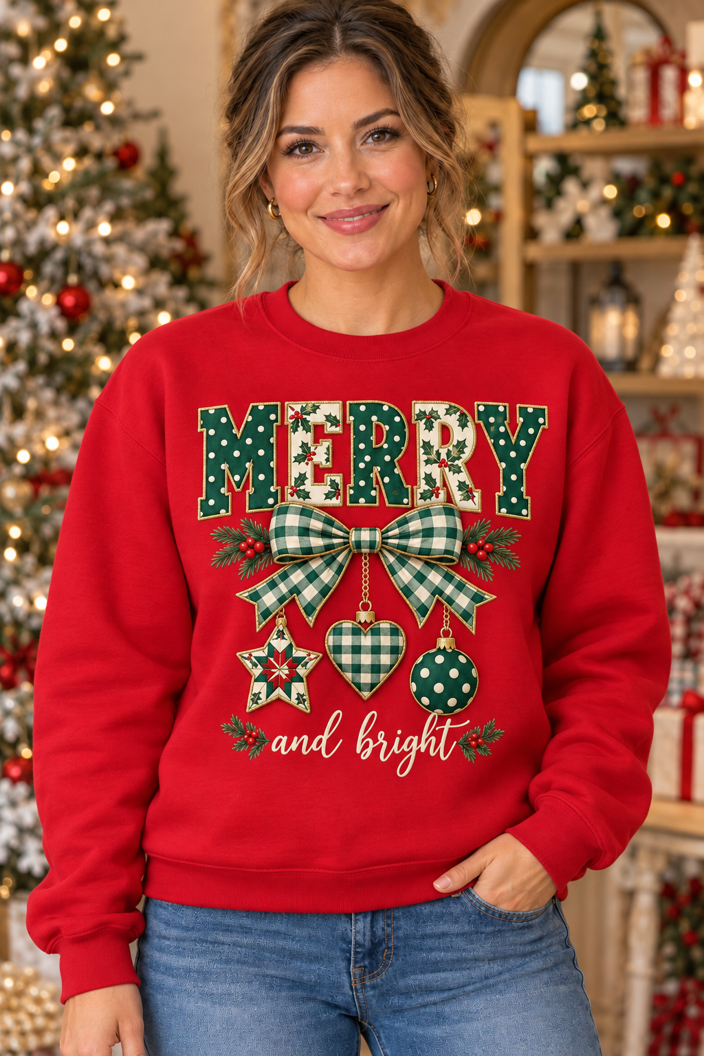 Merry and Bright Gingham Bow Red Crewneck model mockup