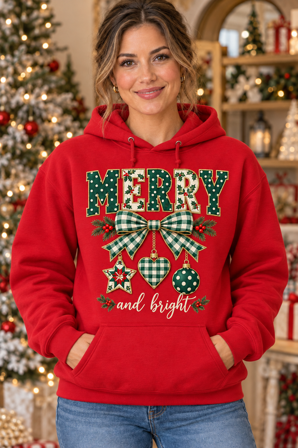 Merry and Bright Gingham Bow Red Hoodie model mockup