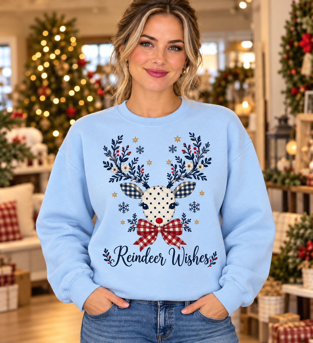 Reindeer Wishes Polka Dot Light Blue Crewneck model mockup