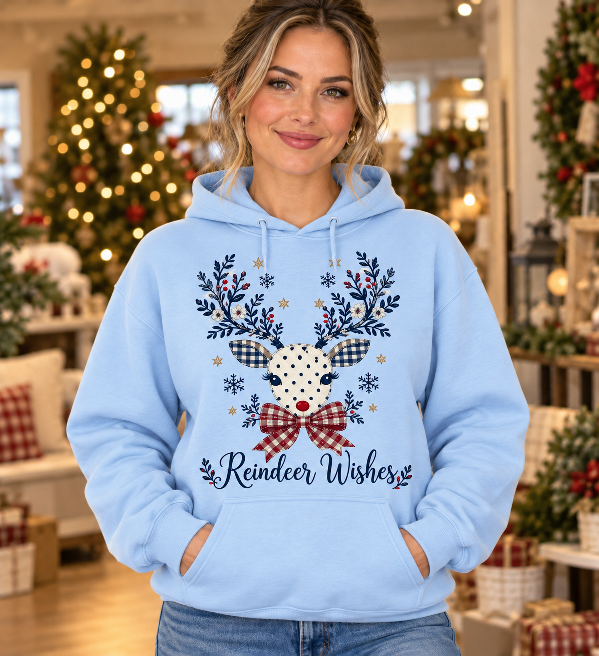 Reindeer Wishes Polka Dot Light Blue Hoodie model mockup