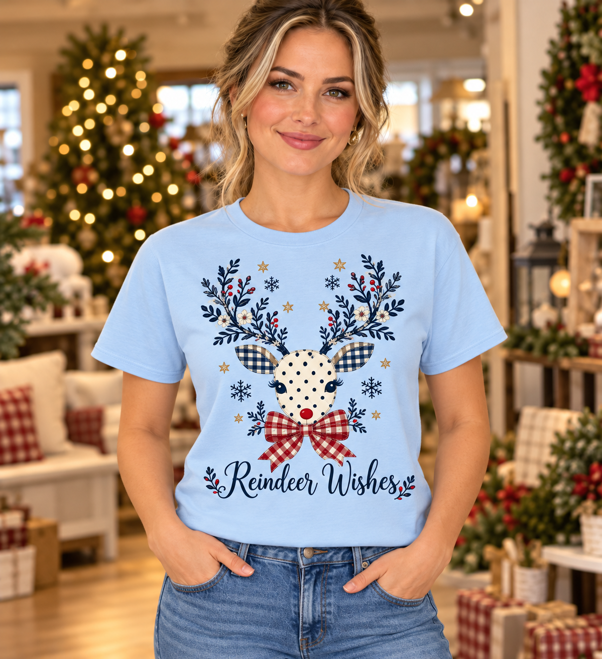 Reindeer Wishes Polka Dot Light Blue T-Shirt model mockup