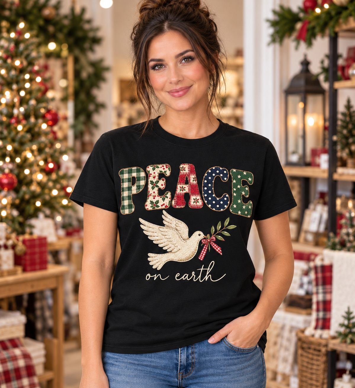 Peace on Earth Patchwork Black T-Shirt model mockup