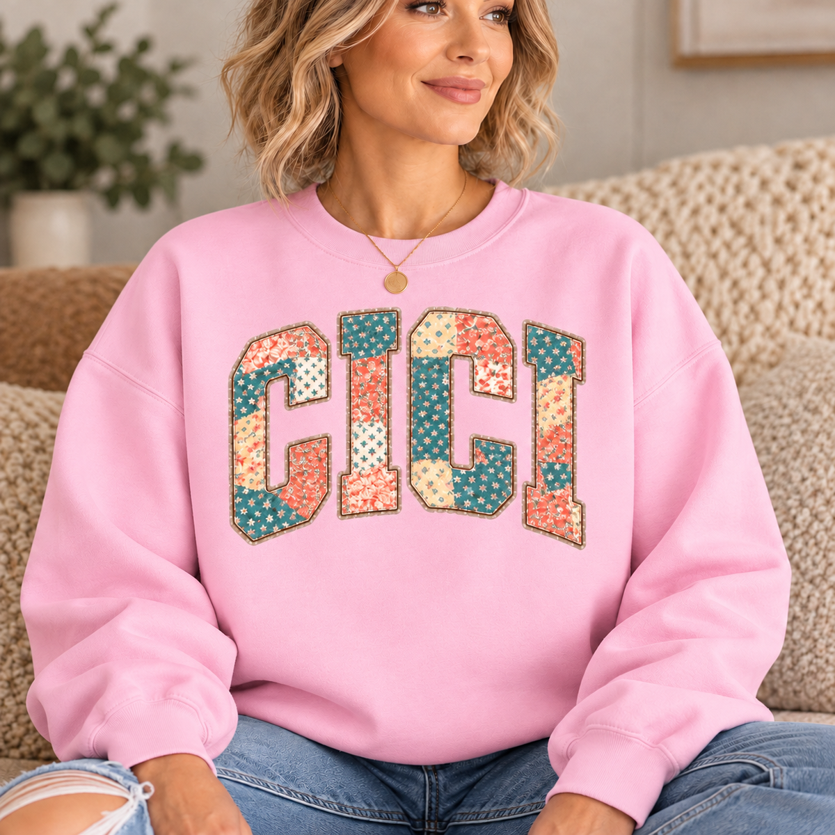 CICI Pink Floral Patchwork Crewneck