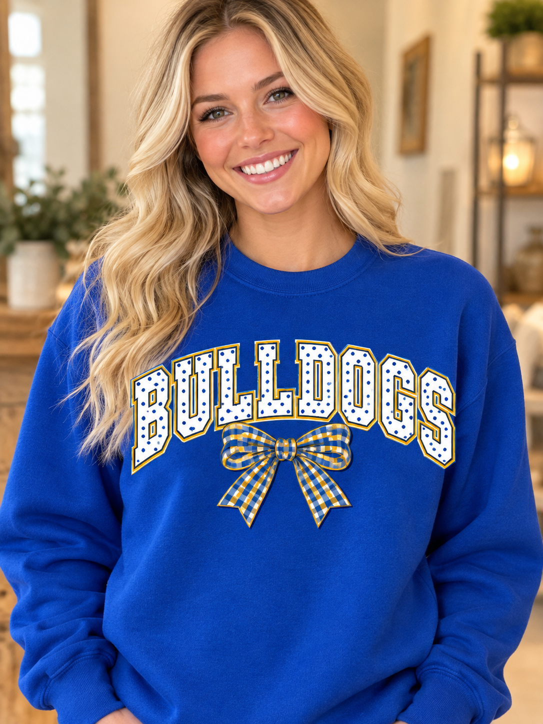 Claysburg Kimmel Polka Dot Bulldogs Bow Royal Blue Crewneck