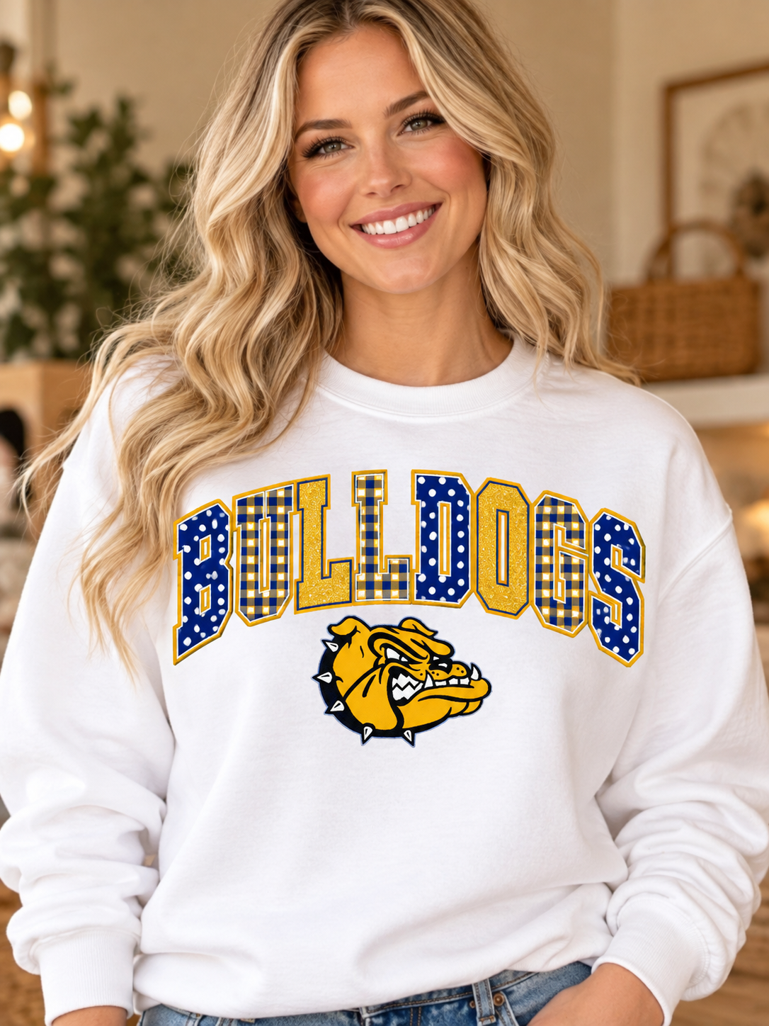 Claysburg Kimmel Patchwork Bulldogs White Crewneck