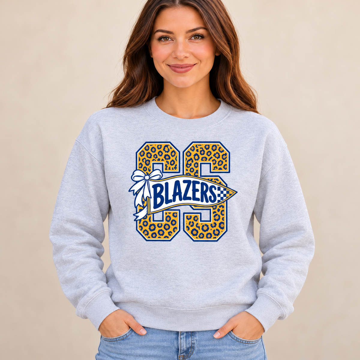 Clear Spring Blazers Cheetah Pennant Bow Sport Gray Crewneck — corrected mockup