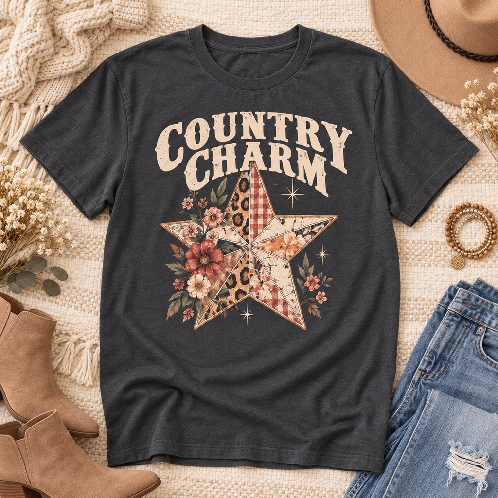 Country Charm patchwork star charcoal boutique tee flat lay