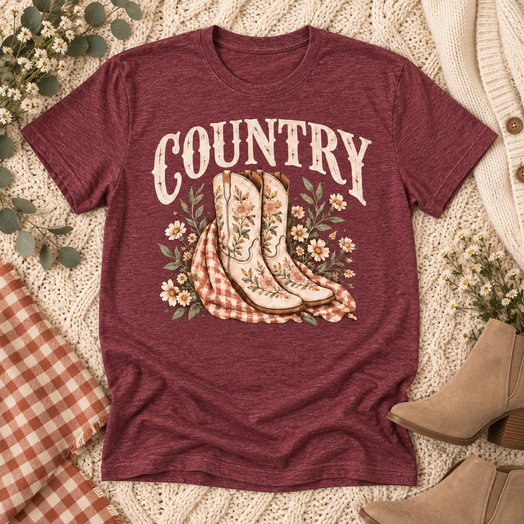 Heather Maroon COUNTRY floral boots graphic tee flat lay