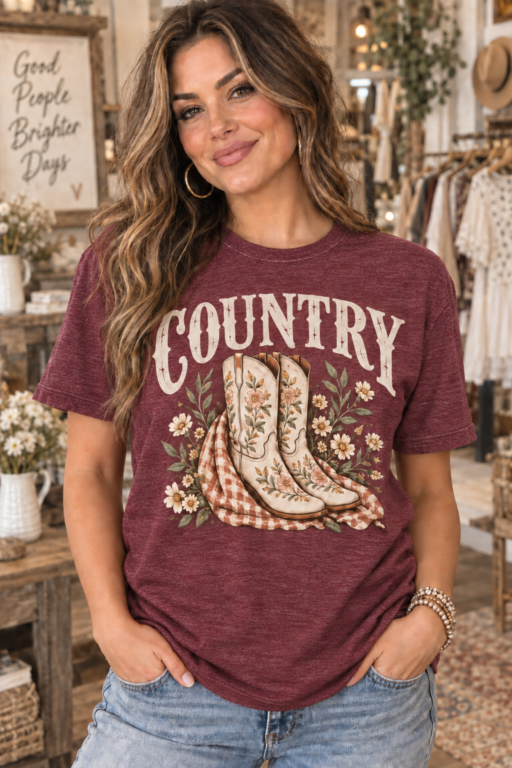 Woman wearing Heather Maroon COUNTRY floral boots graphic tee