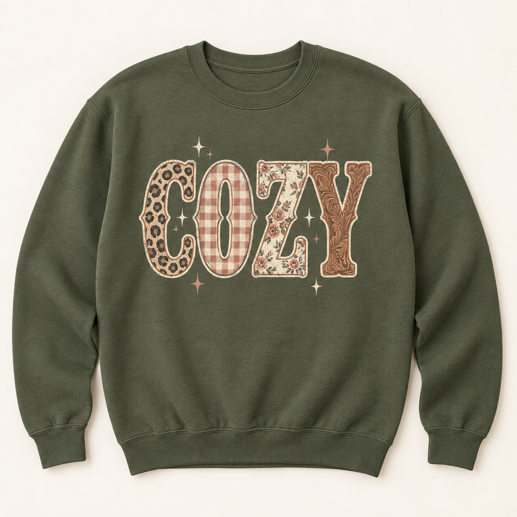 Military Green crewneck with COZY patchwork boutique graphic