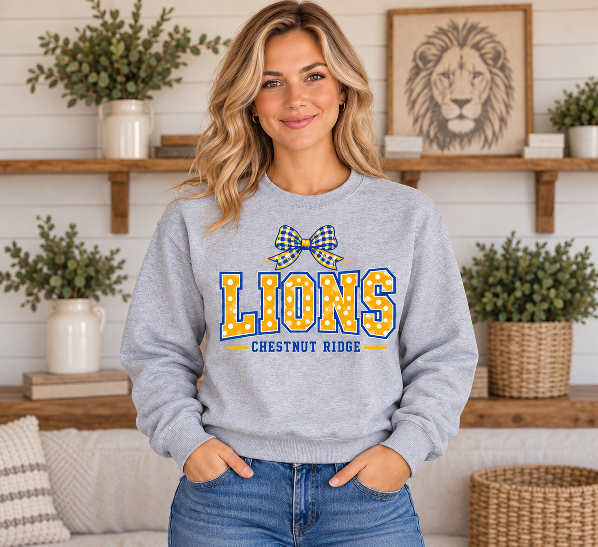 Chestnut Ridge Lions Polka Dot Bow Crewneck — Sport Gray