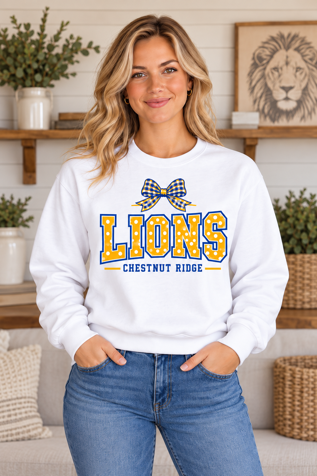 Chestnut Ridge Lions Polka Dot Bow Crewneck — White