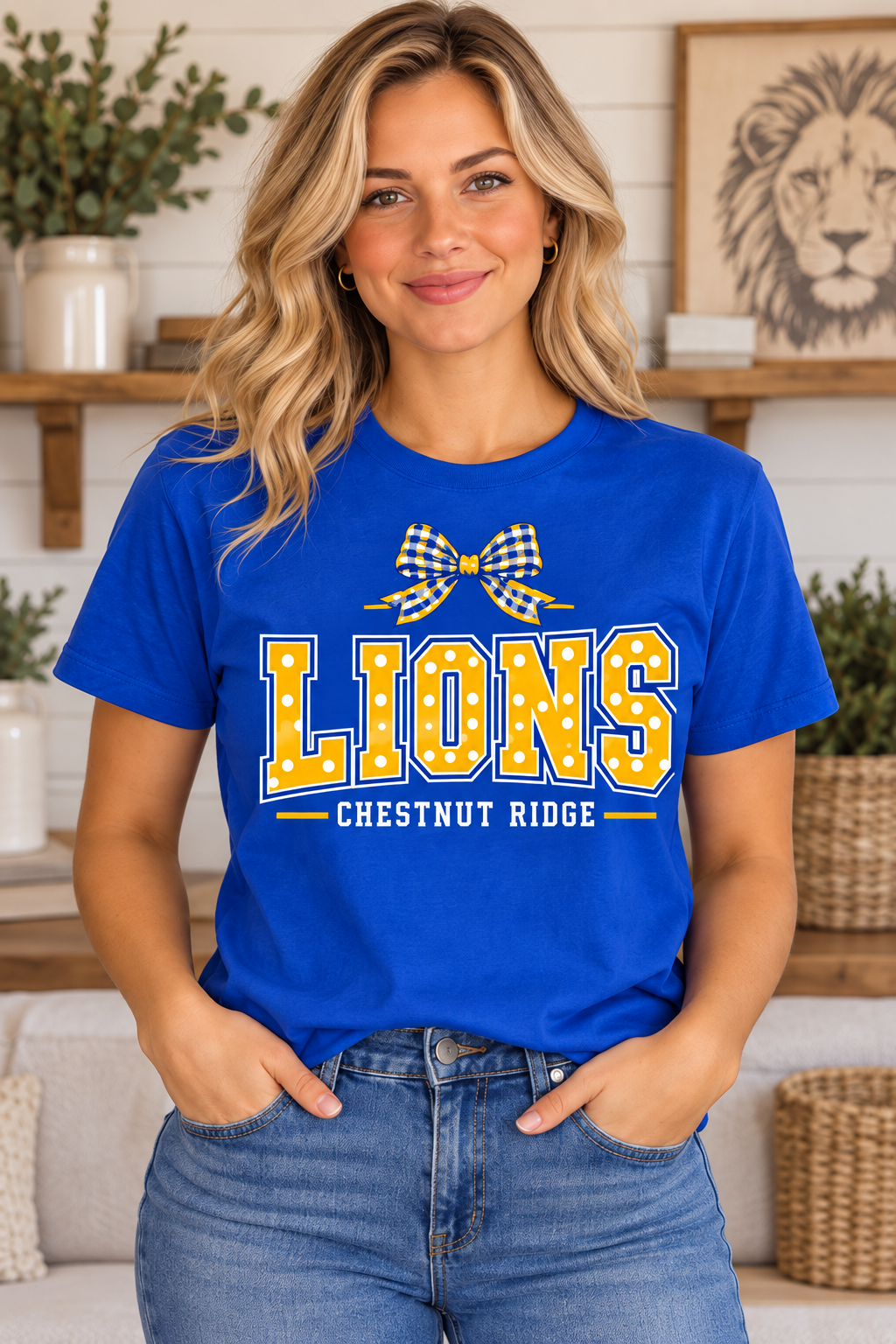 Chestnut Ridge Lions Polka Dot Bow T-Shirt — Royal Blue