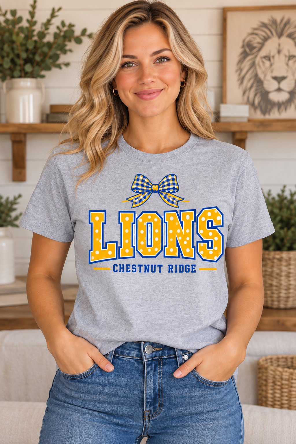 Chestnut Ridge Lions Polka Dot Bow T-Shirt — Sport Gray