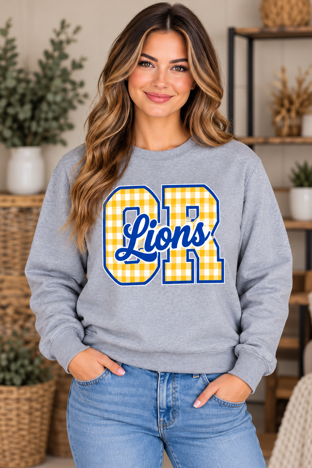 Chestnut Ridge Lions Gingham CR Script Crewneck — Sport Gray