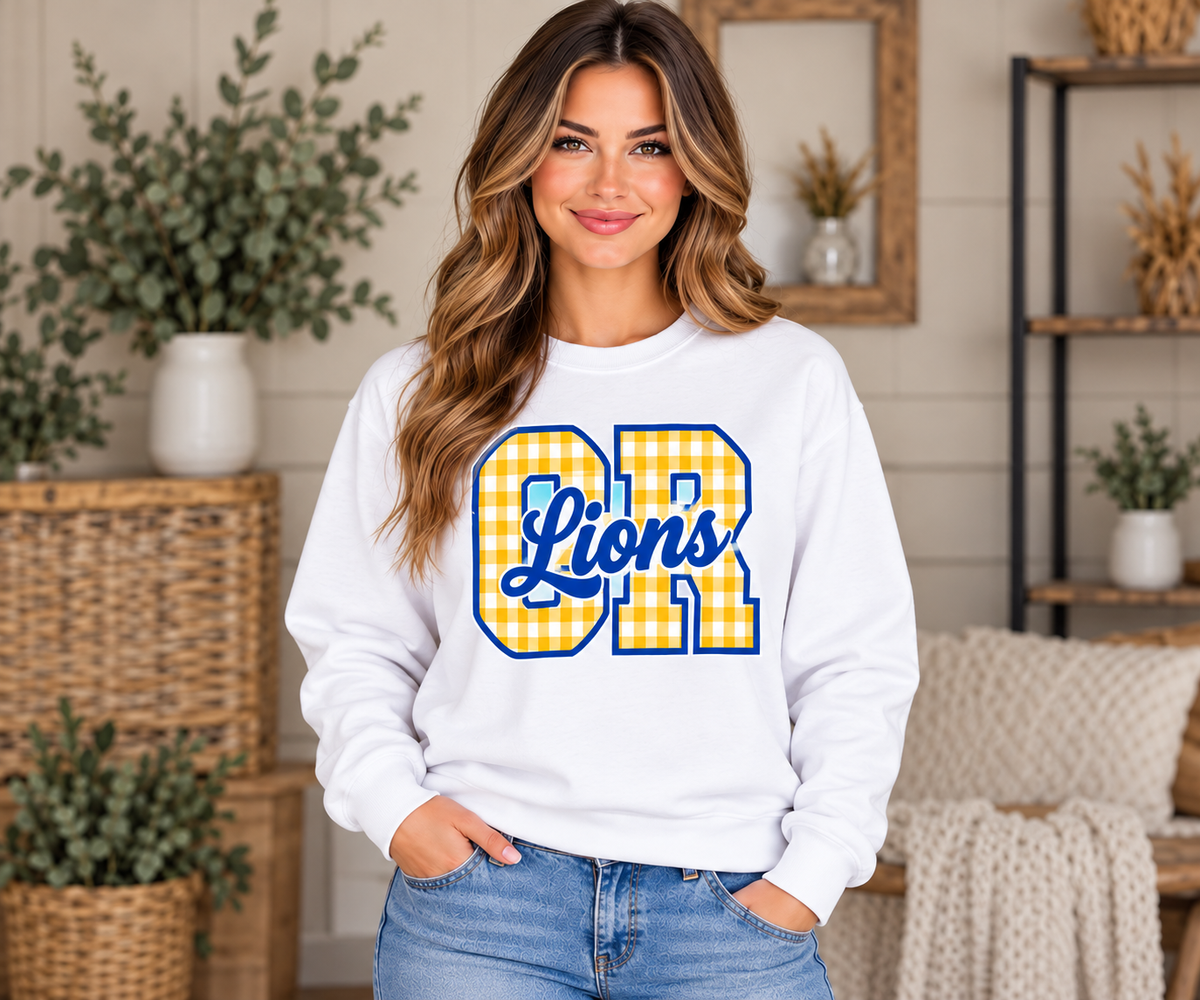 Chestnut Ridge Lions Gingham CR Script Crewneck — White